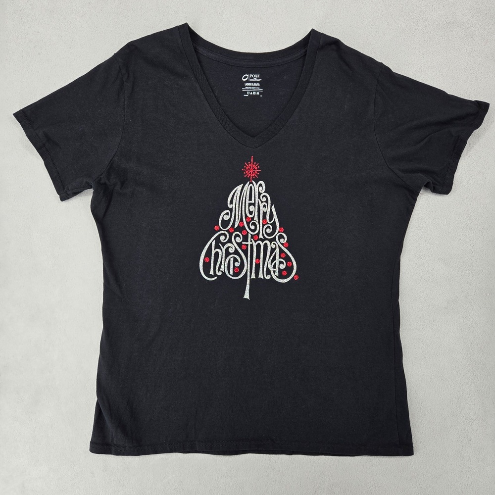 Port and Company Women XL Black Christmas Tree V-Neck Graphic T Festive Sparkle